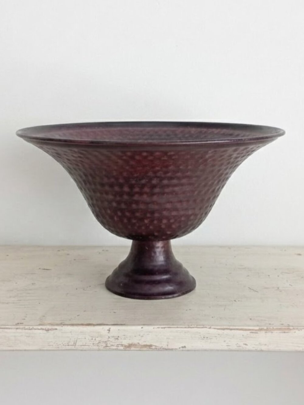 Vintage Hammered Metal Pedestal Bowl 12.5" Large Centerpiece Footed Dish Planter